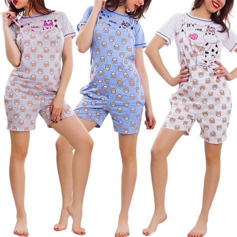 Womens Pajamas Two Pieces Jersey Overall Short Bear Teddy Sleepwear It