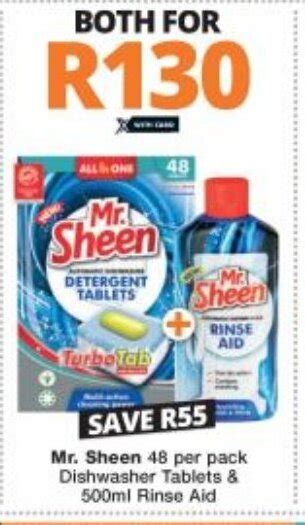 Mr Sheen 48 Per Pack Dishwasher Tablets And 500ml Rinse Aid Offer At Checkers