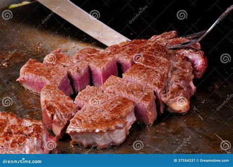 Japanese Food Kobe Miyazaki Beef Grilling On Griddle Stock Image