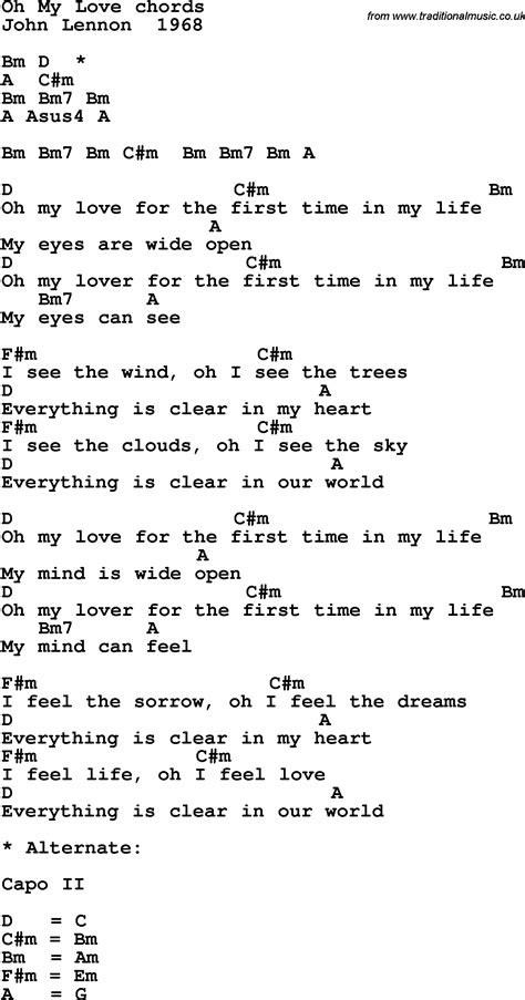 Song lyrics with guitar chords for Oh My Love