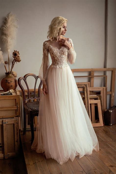 Boho Bride Summer Long Sleeve Beach Tulle Ivory Wedding Dress Etsy