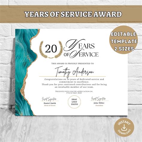 20 Years of Service Award Certificate Template Retirement Award