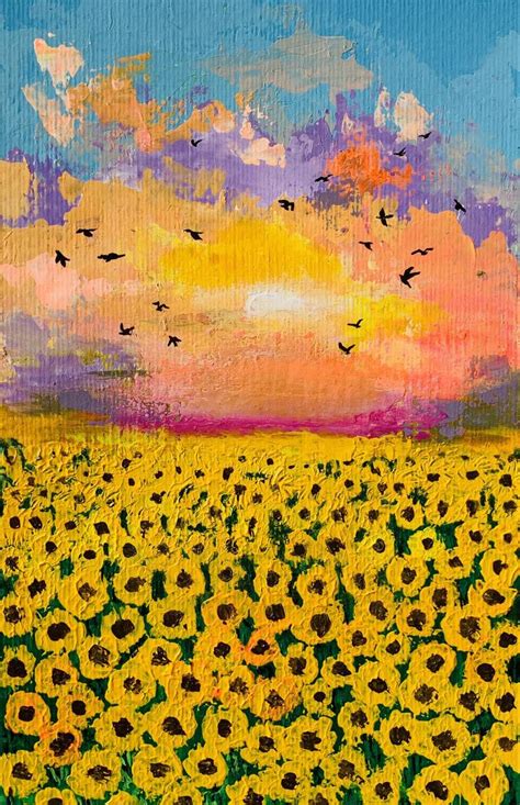 Sunset at sunflower field Painting by Amita Dand | Saatchi Art