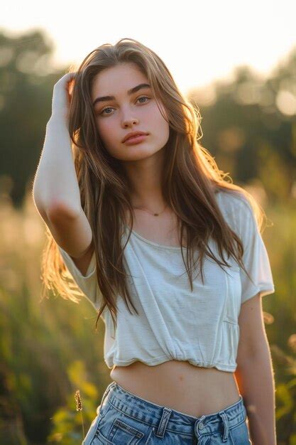 A Woman With Long Hair Stands In A Field With A Sun Behind Her Head