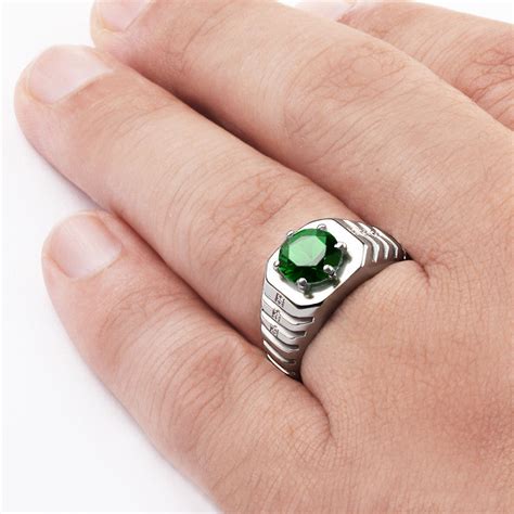 Mens Emerald Ring With Genuine Diamonds In 925 Sterling Silver