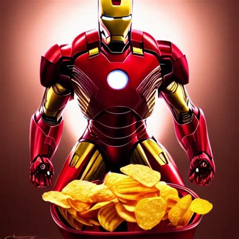 Krea Iron Man Sitting In Front Of Computer And Eating Chips With Coca