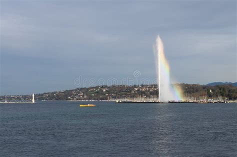 Geneva Jet D Eau Fountain With Rainbow Stock Image Image Of