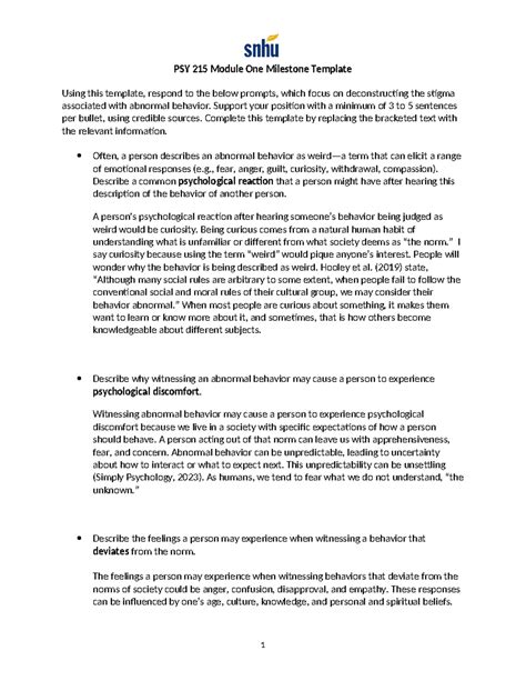 PSY 215 Module One Milestone Template PSY 215 Module One Milestone