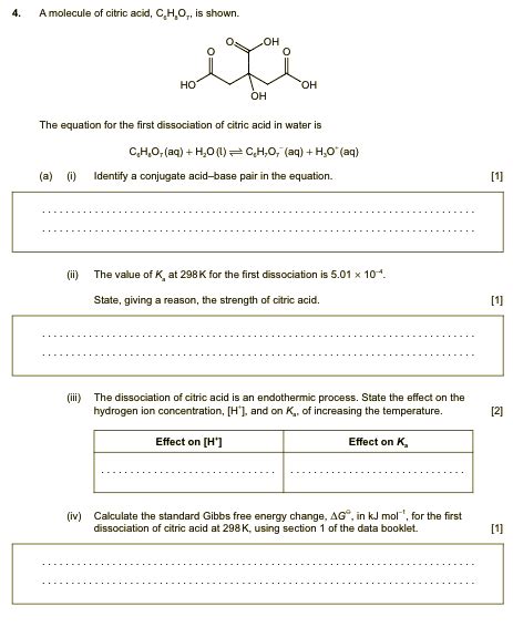 Solved 4 A molecule of citric acid C H O is shown ОН o Chegg