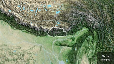 Bhutan Border Shape Overlay Glowed Satellite Labels Stock