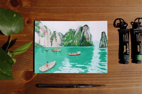 Ha Long Bay Art Print Print Watercolor Art Gouache Painting Boho