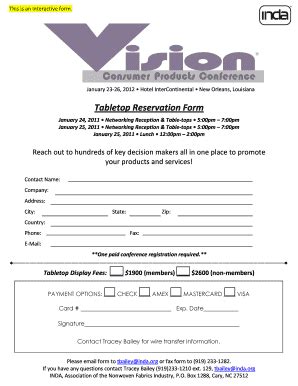 Fillable Online Inda Tabletop Reservation Form Fax Email Print Pdffiller