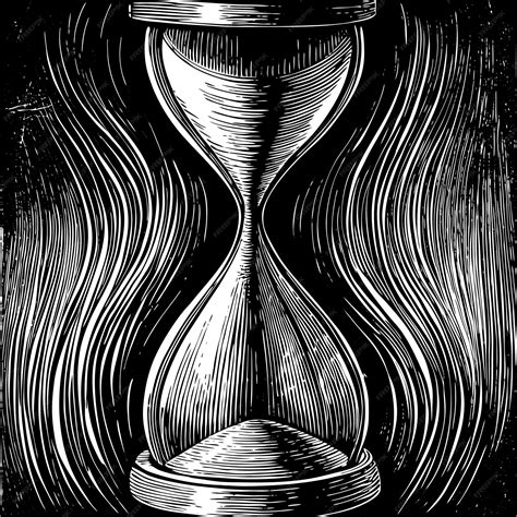 Vintage Hourglass Illustration With Flowing Sand On Black Background In Woodcut Style Premium