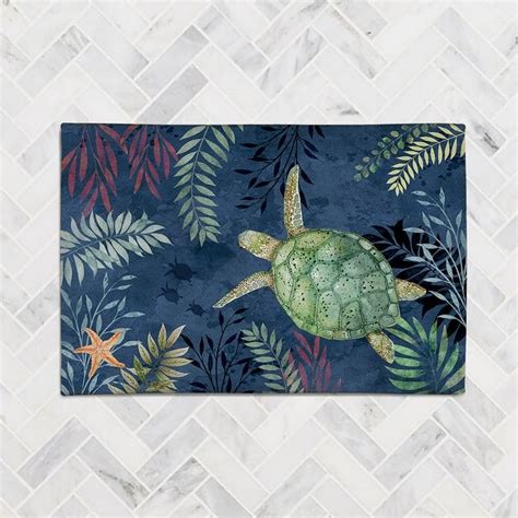 Laural Home Coastal Friends Turtle Chenille Accent Rug On Sale Bed