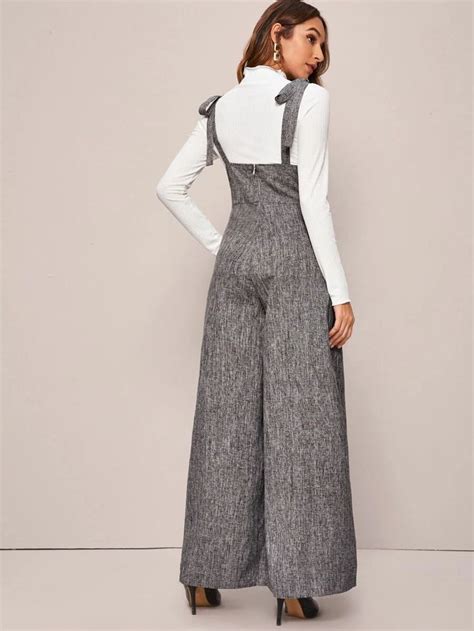 Shein Double Breasted Wide Leg Linen Look Suspender Jumpsuit Jumpsuit