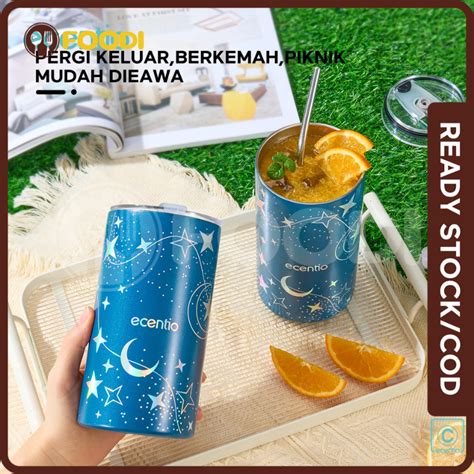 Jual Ecentio Tumbler Minum Stainless Aesthetic 600ml Dengan Sedotan