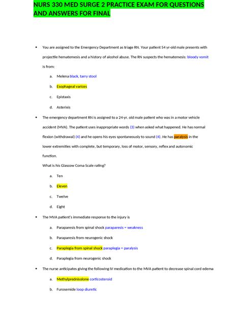 NURS 330 Med Surge 2 Practice Exam For Questions And Answers For Final