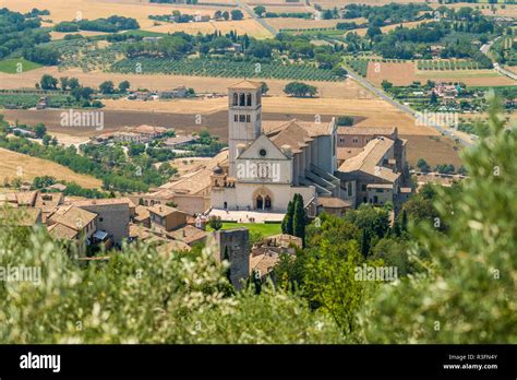 Panoramic View From The Rocca Maggiore With The Saint Francis Basilica Assisi Umbria Italy