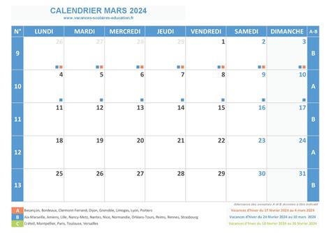 Calendrier Mars 2024 à consulter télécharger et imprimer