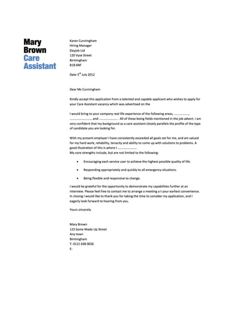 Cover Letter For Care Assistant Role