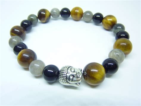 BRACELET PROTECTION BOUDDHA OEIL DE TIGRE LABRADORITE TOURMALINE NOIRE