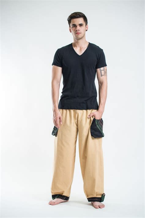 Thai Cotton Men Drawstring Pants With Hill Tribe Trim Cream Harem Pants