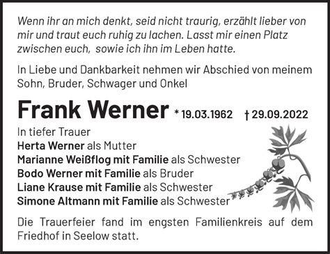 Traueranzeigen Von Frank Werner M Rkische Onlinezeitung Trauerportal