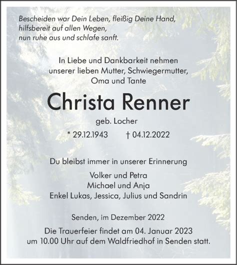 Traueranzeigen Von Christa Renner S Dwest Presse Trauer