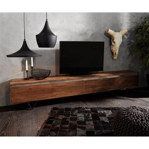 Meuble Tv Stonegrace Acacia Marron Ardoise Cm Portes Pied En V