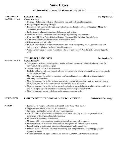 Victim Advocate Resume Samples | Velvet Jobs