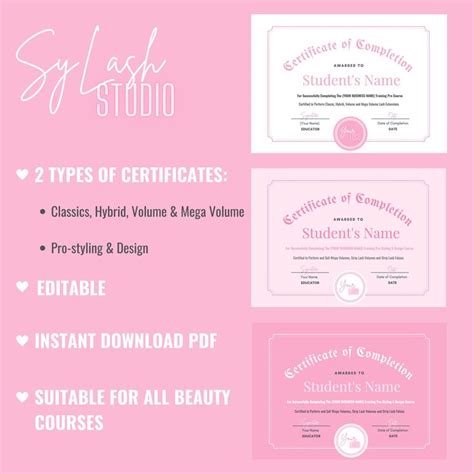 Editable Lash Certificate Template Certificates Etsy Canada