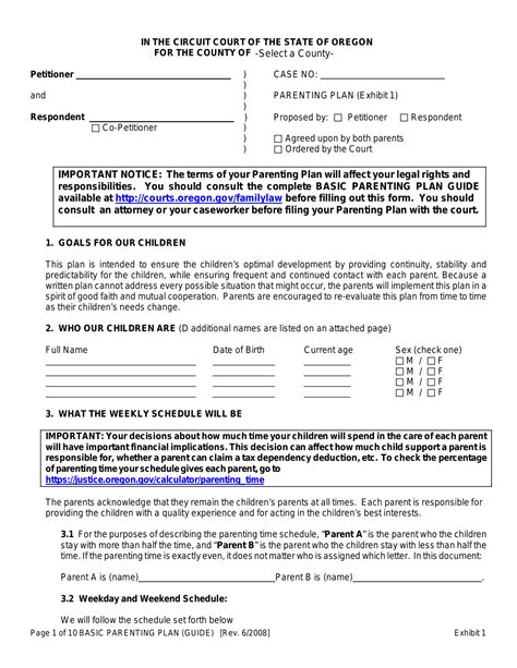 Free Oregon Custody Parenting Plan Pdf Eforms