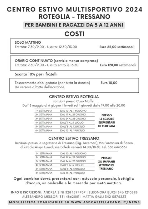 Moduli Iscrizione Centro Estivo Asd Castellarano