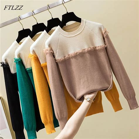 Ftlzz Women Knitted Sweaters Patchwork Lace Autumn Spring Pullovers