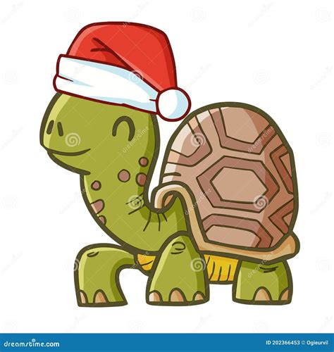 Cute And Funny Crawling Turtle Wearing Santa`s Hat For Christmas Stock