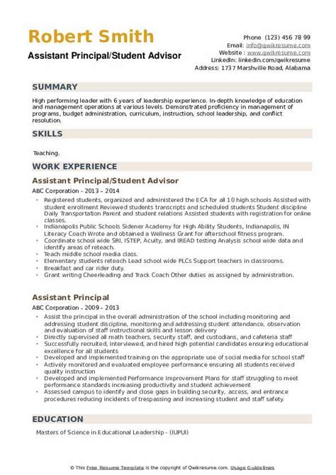 Assistant Principal Resume Samples Qwikresume