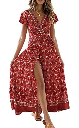 Zesica Womens 2024 Bohemian Floral Printed Wrap V Neck Short Sleeve Split Beach Party Maxi