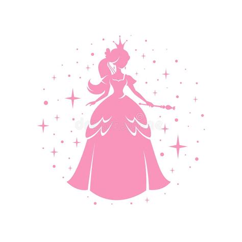 Princess Silhouette Standing In Beautiful Dress With Magic Wand Circle