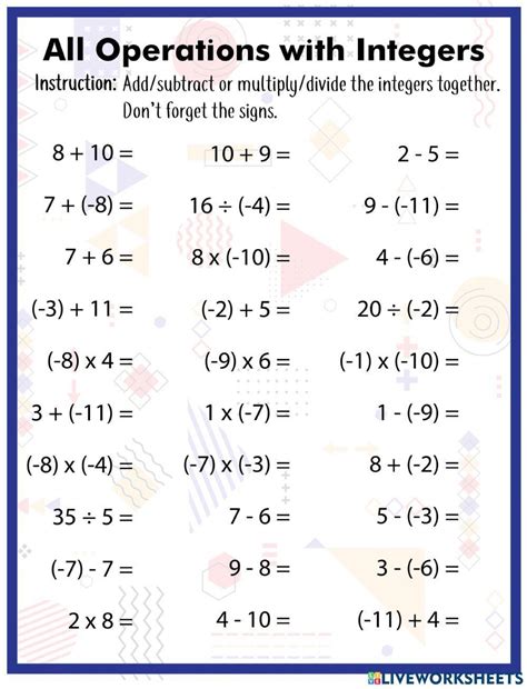 Adding And Subtracting Integers Interactive Exercise Live Worksheets