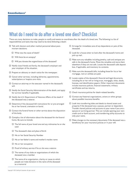 Fillable Online What Do I Need To Do After A Loved One Dies Checklist