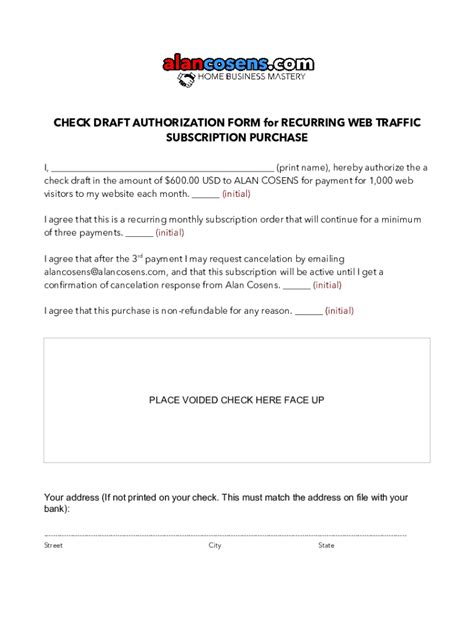Fillable Online Check Draft Authorization Form For Recurring Web