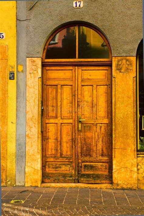 Old Decorated Wood Door And Shutters Bolzano South Tyrol Italy Stock