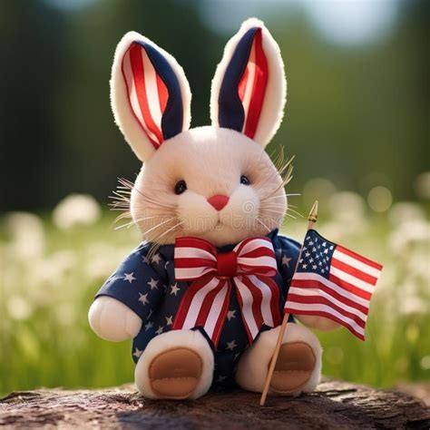 Cute Rabbit In Clothes With The American Flag And With A Bow Tie Stock