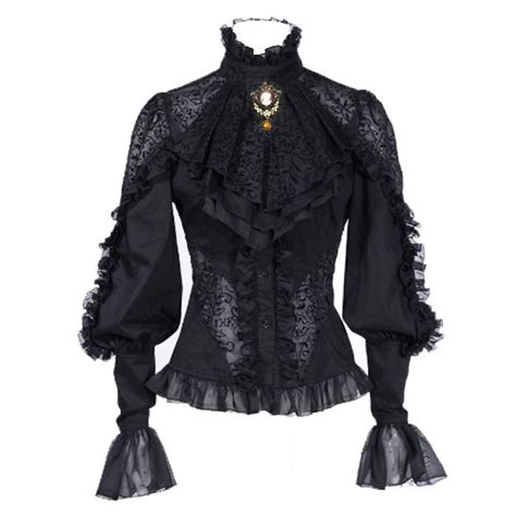 Black Cotton Neck Ruffle Shirt Gothic Fashion Victorian Blouse Fashion