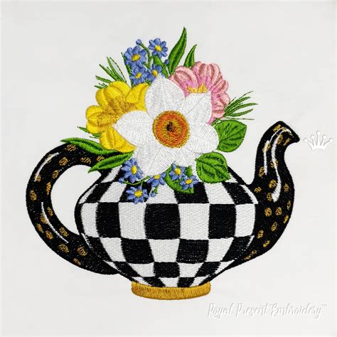 Checkered Teapot And Spring Bouquet Royal Present Embroidery