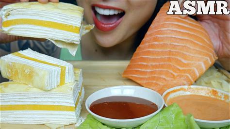 Asmr Salmon Sashimi Slab Fire Sauce Spicy Mayo Mango Crepe Cake Eating Sound No Talking Sas