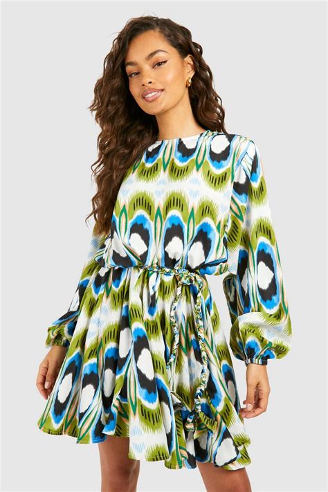 Bright Geo Print Godet Mini Dress Boohoo Usa