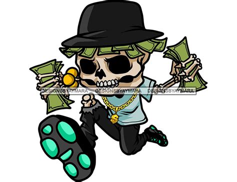 Hustler Skull Man Cartoon Character Running Money Stack Cash Bank