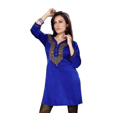 Royal Blue Velvet Indian Kurti Kurta Tunic With Embroidery Large