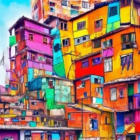 Colorful And Detailed Oil Painting Of A Favela On A Jungle Hill In